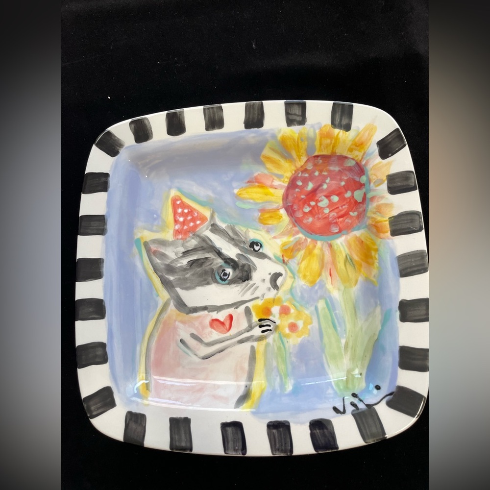 Hand Painted “Badger With Sunflower” 10”SquareCeramic Plate Original